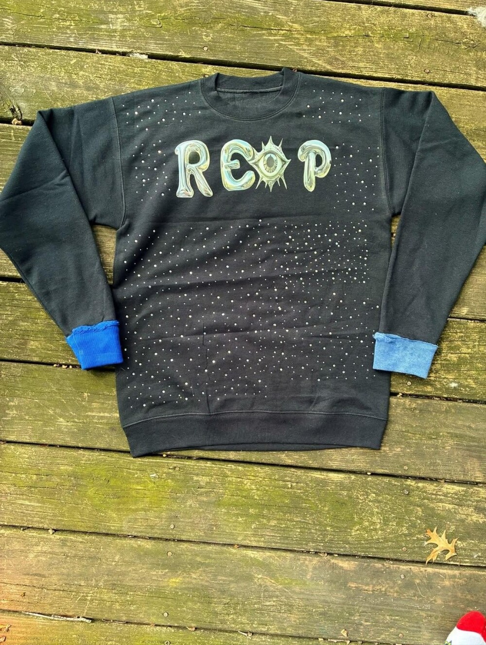 Black Graphic Crewneck Sweater with Stud Detailing